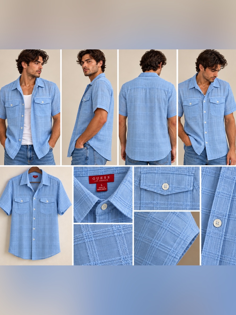 GUESS Men's Light Blue Short Sleeve Button-Up Shirt
